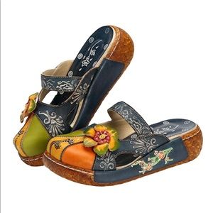 SOCOFY Vintage Colorful Leather Hollow Out Backless Flower Shoes